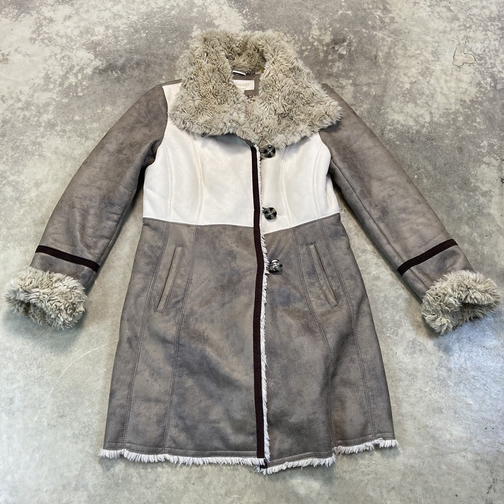 Laundry by Shelli Segal Coat Womens M Faux Suede Shearling Taupe Ivory Fur Trim